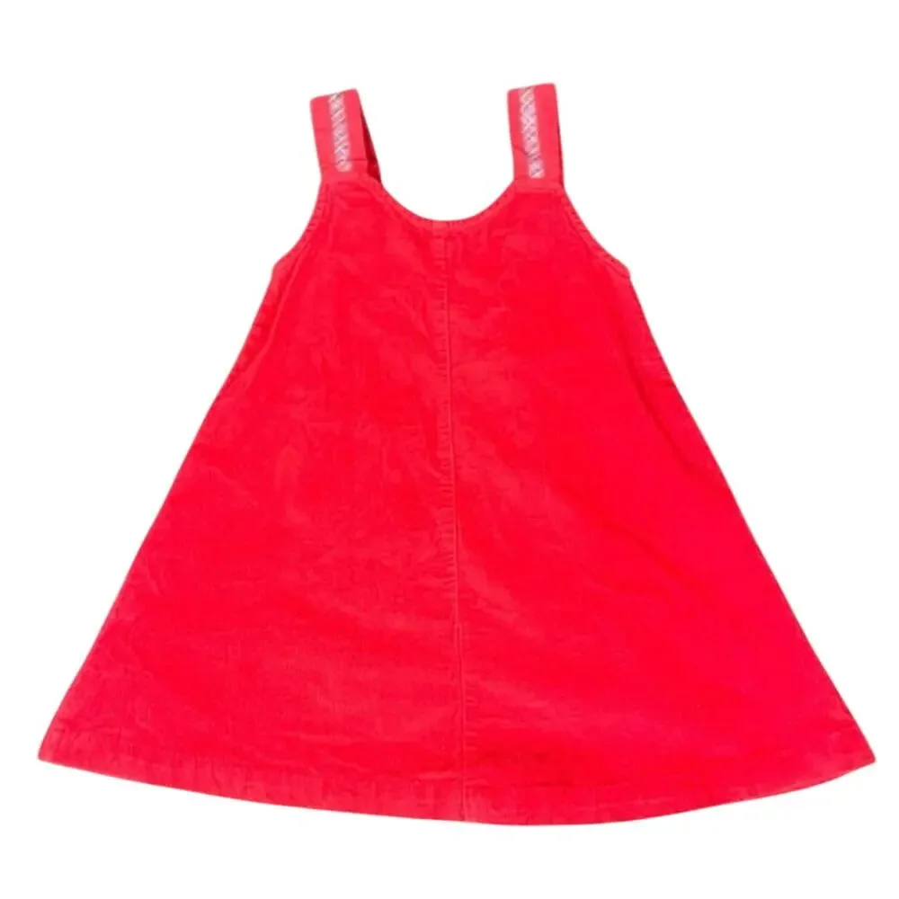 Girls Size 5 Red Corduroy Jumper Dress Heart Flower Plaid Embroidered Cute EUC